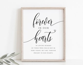 May include: A framed print with the text "forever in our hearts" in black cursive script. The text is followed by "In loving memory of those who could not be here today, but are forever present in our hearts."