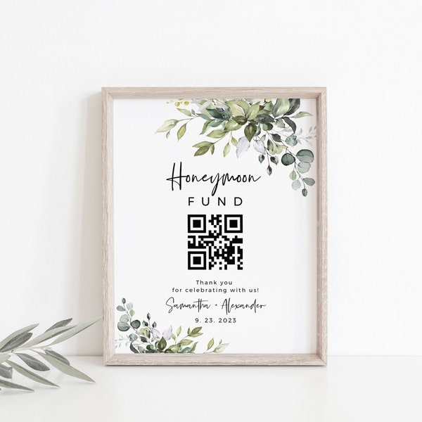 Honeymoon Fund Sign, Greenery Wedding Honeymoon Wish, Editable, Instant Download, Templett, POE