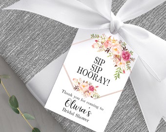 Bridal Shower Favor Tag Printable, Sip Sip Hooray Tag Template, Editable PDF Instant Download, Wedding Thank You Tags, Shower Gift Tag DIY