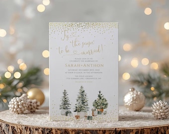 May include: A white wedding invitation with gold text and accents, featuring the phrase "Tis the season to be married!" and details for Sarah and Anthon's wedding. The design includes watercolor Christmas trees and gifts.