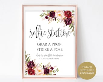 Selfie Station Sign Wedding Hashtag Sign, Grab a Prop, Strike a Pose, Instant Download, 4x6, 5x7, 8x10 Boho Chic