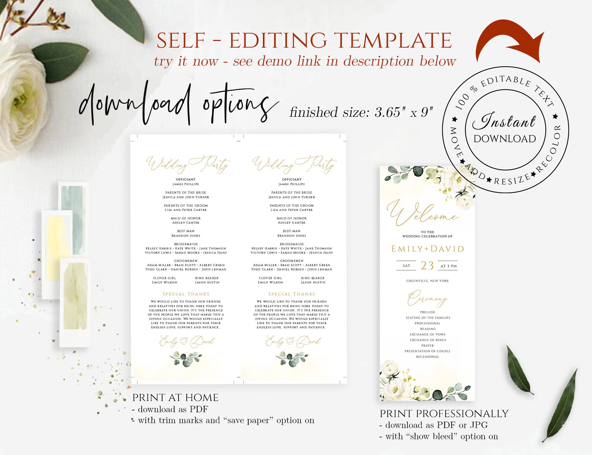 Wedding Program Template White Roses Wedding Printable - Etsy