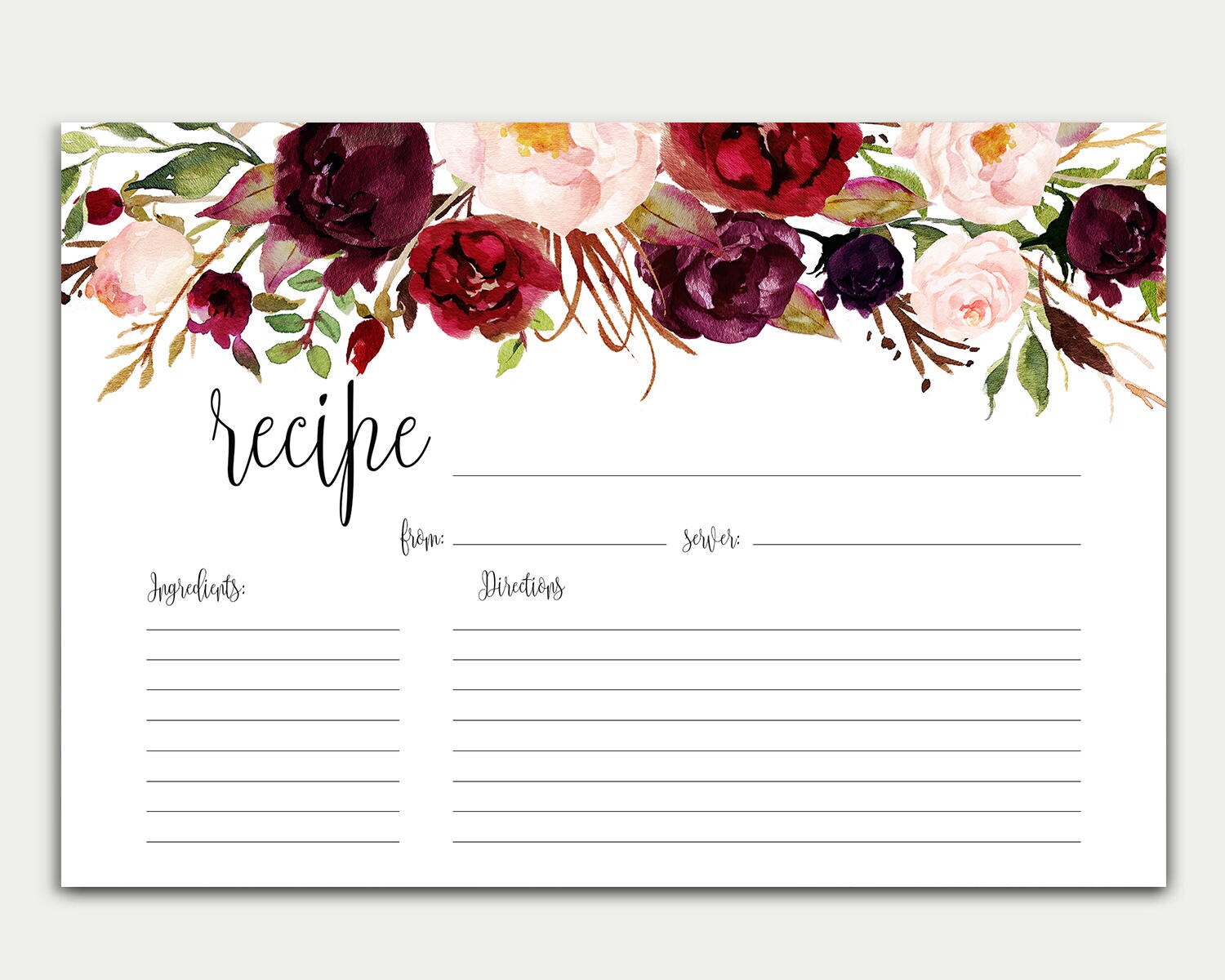 Printable Recipe Card Bridal Shower Recipe Card Floral Recipe | Etsy