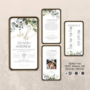 May include: A wedding invitation suite with a green and white floral design. The invitation features the text "we do" in gold script, followed by the names "Olivia + Andrew". The date and time of the wedding are listed below, along with the location. The RSVP card includes a photo of the couple and the text "Olivia + Andrew". The details card includes information about the wedding venue and directions. The schedule card lists the times for various events, including the ceremony, cocktail hour, dinner, and dancing.
