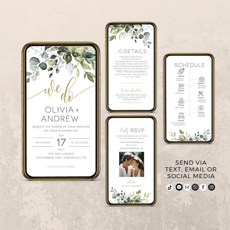 May include: A wedding invitation suite with a green and white floral design. The invitation features the text "we do" in gold script, followed by the names "Olivia + Andrew". The date and time of the wedding are listed below, along with the location. The RSVP card includes a photo of the couple and the text "Olivia + Andrew". The details card includes information about the wedding venue and directions. The schedule card lists the times for various events, including the ceremony, cocktail hour, dinner, and dancing.