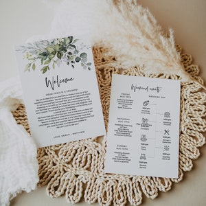 Eucalyptus Welcome Letter + Timeline Template, Greenery Wedding Timeline with Icons, Instant Download, Templett, POE