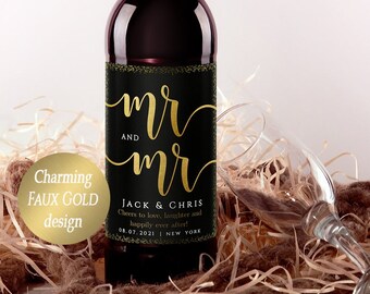 Plantilla de etiqueta de vino para boda de Sr. y Sr.: Caligrafía dorada (imprimible)