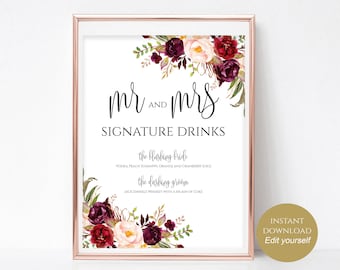 Signature Drinks Printable Signature Drinks Sign Signature Cocktails Bar Sign Instant Download Editable PDF 4x6, 5x7, 8x10 Boho Chic DIY