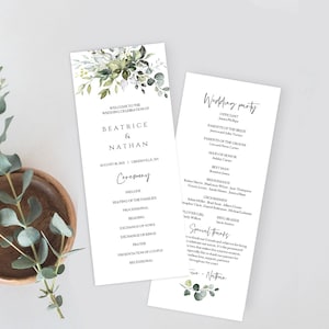 Greenery Wedding Program Template, Printable Program for Wedding, Instant Download, Edit with Templett, POE