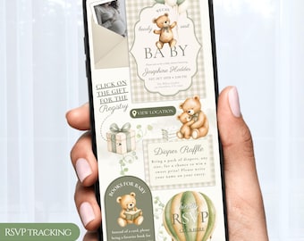 Inbjudan till babyshower med salviagrönt motiv, nallebjörnsinbjudan, interaktiva OSA- och registreringslänkar, redigerbar Canva-mall, #SAG