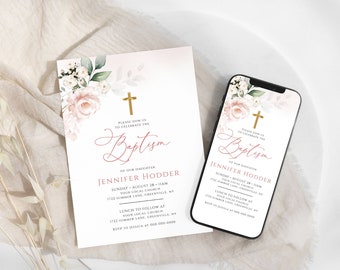 Blush Floral Baptism Invitation Template: Editable Printable Christening Invite (Digital Download)
