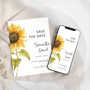 Könnte beinhalten: Save-the-Date-Karte mit einer Sonnenblumenillustration. Die Karte lautet "Save the Date" mit den Namen Samantha und David und dem Datum Samstag, 28. August 2025, Aspen, Colorado.