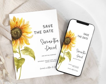 May include: Save the date card with a sunflower illustration. The card says "Save the Date" with the names Samantha and David, and the date Saturday, August 28th, 2025, Aspen, Colorado.