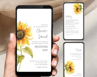 Sunflower Wedding Invitation Template | Digital RSVP and Details Card | Rustic Fall Floral Boho Wedding Invite