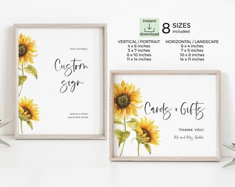 May include: Two printable signs with sunflower graphics. The first sign says "Custom Sign" and the second sign says "Cards + Gifts" with the text "Thank You!" and "Mr. and Mrs. Holder".