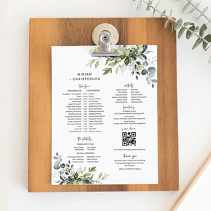 Wedding Party Timeline, Greenery Order of Events, Bridal Itinerary, Schedule for Bridesmaid & Groomsmen, POE