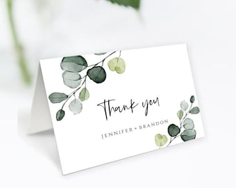 Greenery Wedding Thank You Card Template: Printable Folded Card (Instant Download, POE)