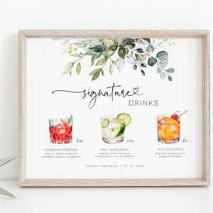Greenery Wedding Signature Drinks Menu Template (Printable, POE)
