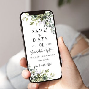 Pode incluir: Um cartão de guardar a data com um design floral verde e branco. O texto diz "Save the Date" com a data "Sat 04 Sep" e os nomes "Samantha & Anthen" seguidos de "Are Getting Married" e a localização "Aspen, Colorado".