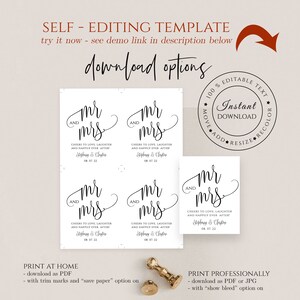 May include: A printable wedding sign template with the text "Mr. and Mrs." in a cursive font. The sign is available in a digital format and can be edited with text and colors. The sign is perfect for a wedding reception or ceremony.