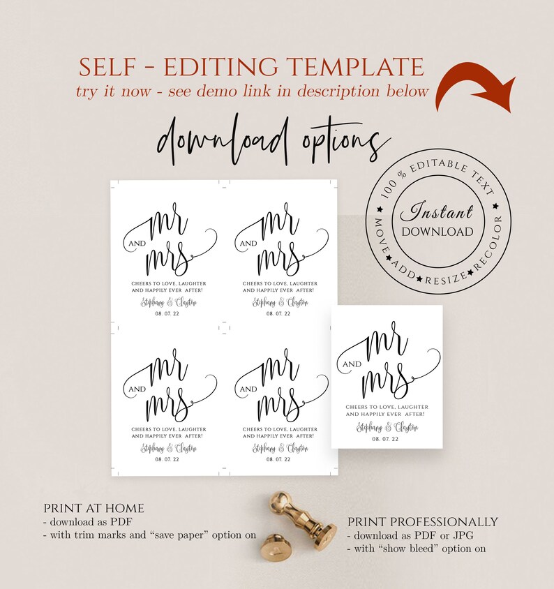 May include: A printable wedding sign template with the text "Mr. and Mrs." in a cursive font. The sign is available in a digital format and can be edited with text and colors. The sign is perfect for a wedding reception or ceremony.