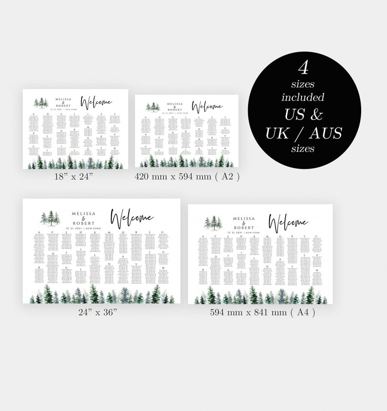Pine Tree Wedding Seating Chart Template: Editable Prinrtable Wedding ...