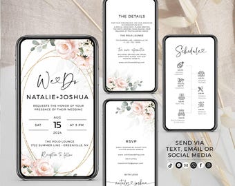 Blush Pink Floral Digital Wedding Invitation: Electronic Invite, RSVP & Schedule (Instant Download)