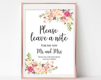 Wedding Advice Sign Please Leave a Note Sign, Floral Wedding Sign Guestbook Alternative Well Wishes Sign, Instant Download, Pastel Blooms