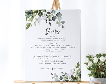 Greenery Bar Menu Sign, Printable Wedding Bar Sign, Instant Download, Edit with Templett, 8x10, 18x24, POE