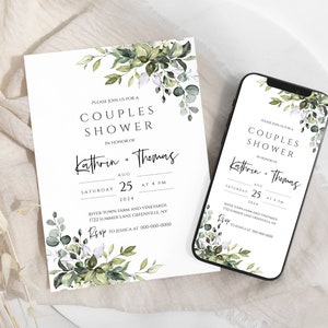 May include: A green and white floral design wedding invitation with the text "Please join us for a Couples Shower in honor of Kathrin + Thomas, Saturday, August 25, 2024 at 4 PM, River Town Farm and Vineyards, 1722 Summer Lane Greenville, NY, RSVP to Jessica at 000-000-0000".
