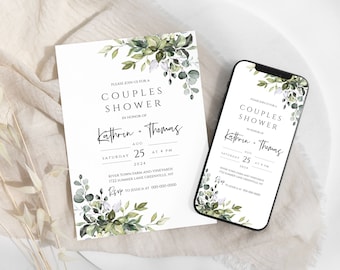 May include: A green and white floral design wedding invitation with the text "Please join us for a Couples Shower in honor of Kathrin + Thomas, Saturday, August 25, 2024 at 4 PM, River Town Farm and Vineyards, 1722 Summer Lane Greenville, NY, RSVP to Jessica at 000-000-0000".