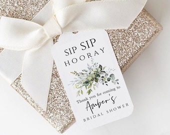 Greenery Bridal Shower Favor Tag Template: Sip Sip Hooray (Digital Download, POE)