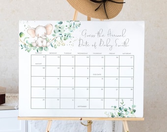 Spelsjabloon baby vervaldatum kalender, bewerkbare babyshower game afdrukbaar, schat aankomstdatum baby, kalender babyvoorspelling