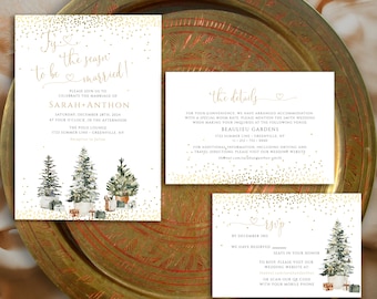 May include: A wedding invitation suite with a winter theme. The invitation features a watercolour illustration of three Christmas trees with gold glitter accents. The text reads "Tis the season to be married!" and includes the couple's names, wedding date, time, and location. The details card includes the wedding venue, address, and website. The RSVP card features a watercolour illustration of a Christmas tree and the text "By December 18th, we have reserved seats in your honour. To RSVP, please visit our wedding website at [website address] or scan our QR code with your mobile phone."