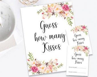 Printable Guess How Many Kisses In The Jar Sign Bridal Shower Game Sign Guessing Bridal Game DIY Instant Download Pastel Blooms Collection