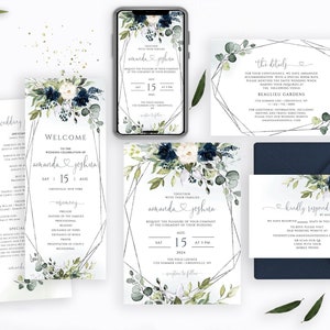Puede incluir: Conjunto de invitaciones de boda con un diseño de marco geométrico e ilustraciones florales de acuarela en tonos azules y verdes. El texto incluye los nombres "Amanda & Joshua" y la fecha "Sáb 15 de agosto".
