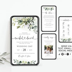 K&ouml;nnte beinhalten: Eine digitale Hochzeitseinladung mit gr&uuml;nem Blumenmuster. Die Einladung lautet: "Gemeinsam mit ihren Familien laden Rachel & David Sie herzlich zu ihrer Hochzeit am Samstag, den 28. August um 16:00 Uhr ein. Im Anschluss findet ein Empfang statt."