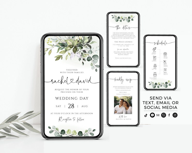 K&ouml;nnte beinhalten: Eine digitale Hochzeitseinladung mit gr&uuml;nem Blumenmuster. Die Einladung lautet: "Gemeinsam mit ihren Familien laden Rachel & David Sie herzlich zu ihrer Hochzeit am Samstag, den 28. August um 16:00 Uhr ein. Im Anschluss findet ein Empfang statt."