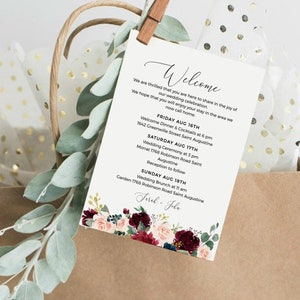 Carta de boas-vindas de casamento para impressão, etiqueta de bagagem de boas-vindas, faça você mesmo, modelo editável, download digital, Templett, POM