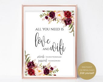 WIFI Password Sign Wifi Printable All You Need is Love and Wifi Wedding Printable Wedding Template Instant Download 4x6, 5x7, 8x10 Boho Chic