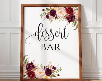 Burgundy Peony Dessert Bar Sign, Boho Wedding Dessert Table Sign, Printable Wedding Reception Sign, Instant Download