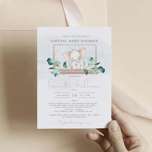 Virtuelle Babypartyeinladungsvorlage, Elefant-Babypartyeinladung, sofortiger Download, 100% bearbeitbarer Text, Templett, PPE