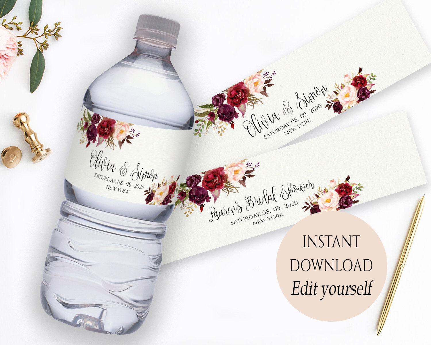 Wedding Favor Water Bottle Label Editable Template, WED04