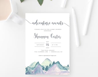 Adventure Awaits, Baby Shower Invitation, Mountain Baby Shower Invite Template, Instant Download