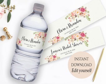 Water Bottle Label Template PDF Instant Download Printable Custom Label Editable Wedding Favor Labels Printable Water Labels for Wedding DIY