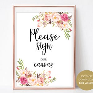 Afdrukbare sjabloon, teken a.u.b. ondertekenen, teken ons canvas, gastenboek, wereldbol, gastenbord, hart, fotolijst pdf 4 x 6, 5 x 7, 8 x 10 pastelkleurige bloemen