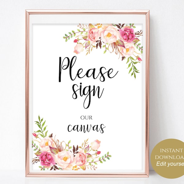 Printable Please Sign Template Please Sign Our Canvas, Guestbook, Globe, Guest Board, Heart, Photo Frame PDF 4x6, 5x7, 8x10 Pastel Blooms