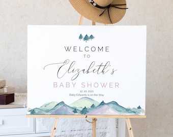Mall för välkomstskylt för babyshower i bergen Redigerbar fil Utskrivbar välkomstmall Rustik välkomstaffisch i akvarell