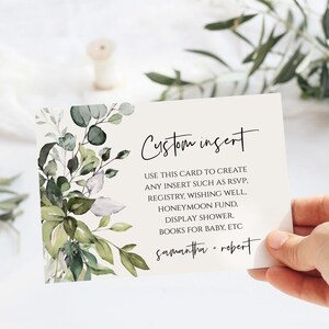Greenery Insert Card Template Druckbare Einlagekarte, bearbeitbar für den Wunsch gut, Buchanfrage, Ereignisdetails, Antwortkarten, Templett, POE