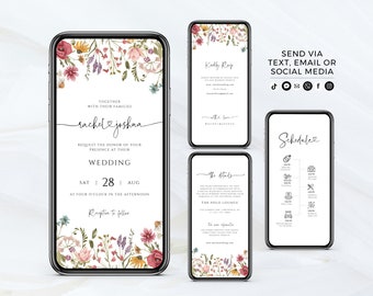 Plantilla de invitación de boda con flores silvestres, boda digital de Evite, descarga instantánea, Templett